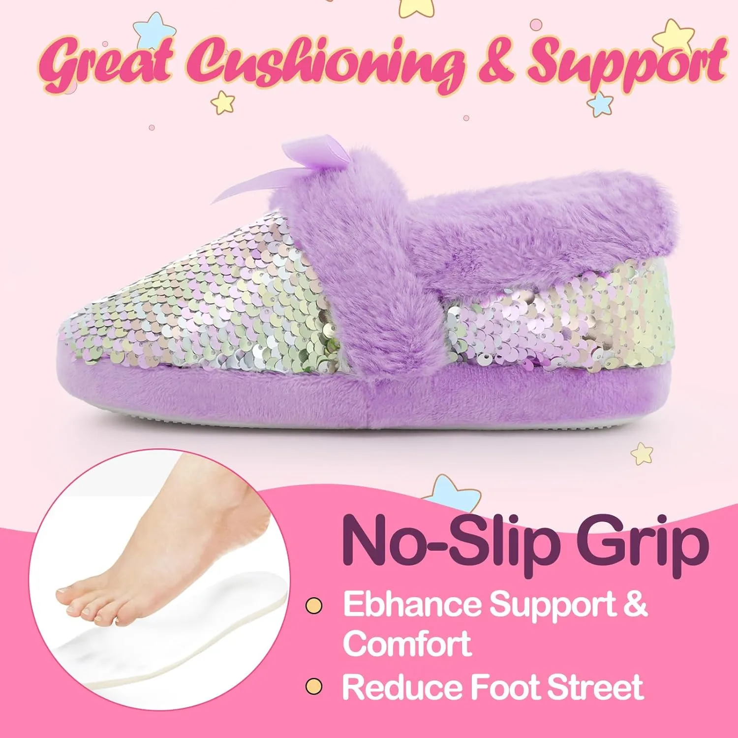 Girls Fluffy Sequin Slipper, Cozy Plush House Slippers with Ribbon Bow for Girls Bedroom Indoor Outdoor
