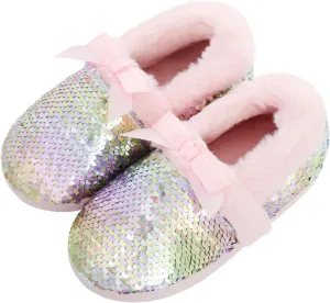 Girls Fluffy Sequin Slipper, Cozy Plush House Slippers with Ribbon Bow for Girls Bedroom Indoor Outdoor