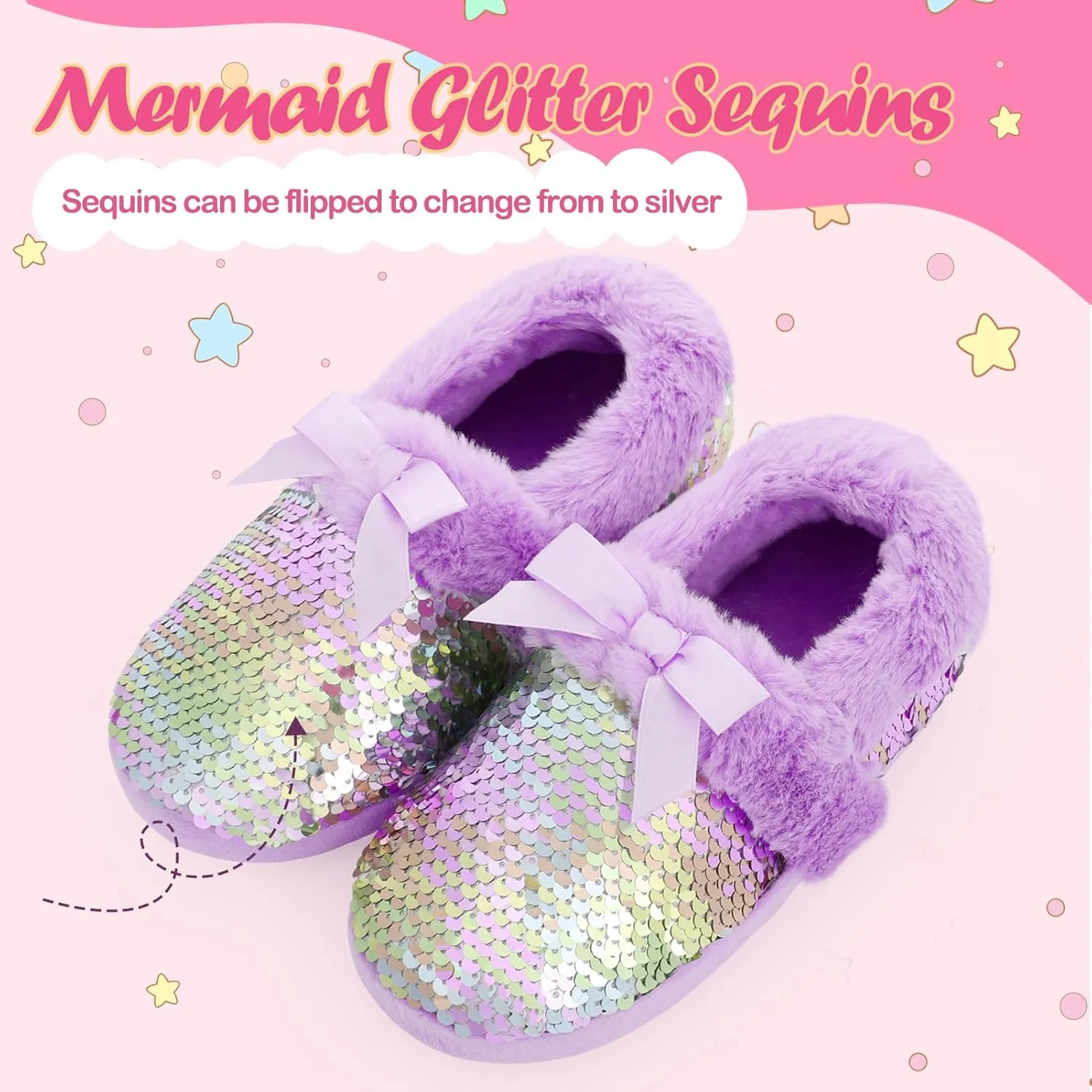 Girls Fluffy Sequin Slipper, Cozy Plush House Slippers with Ribbon Bow for Girls Bedroom Indoor Outdoor
