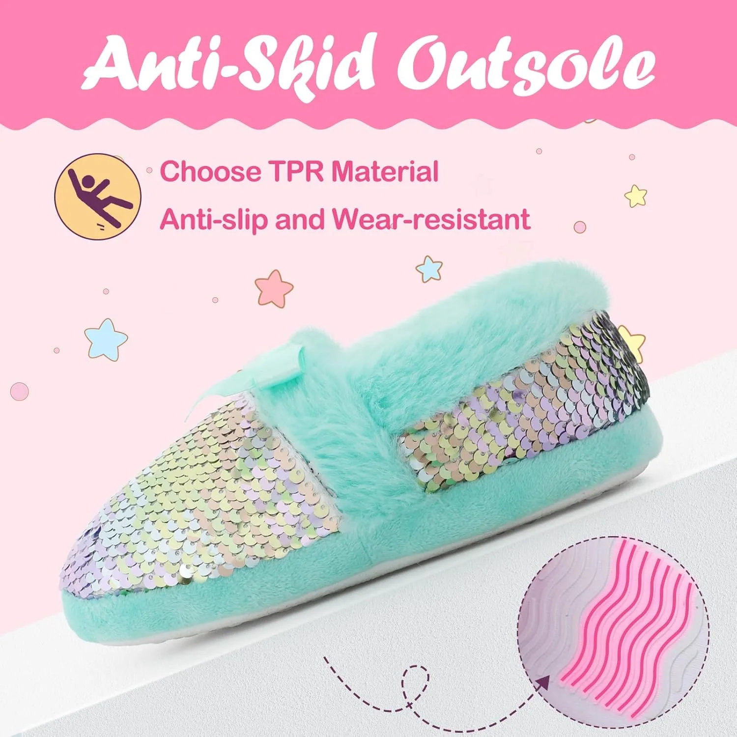 Girls Fluffy Sequin Slipper, Cozy Plush House Slippers with Ribbon Bow for Girls Bedroom Indoor Outdoor