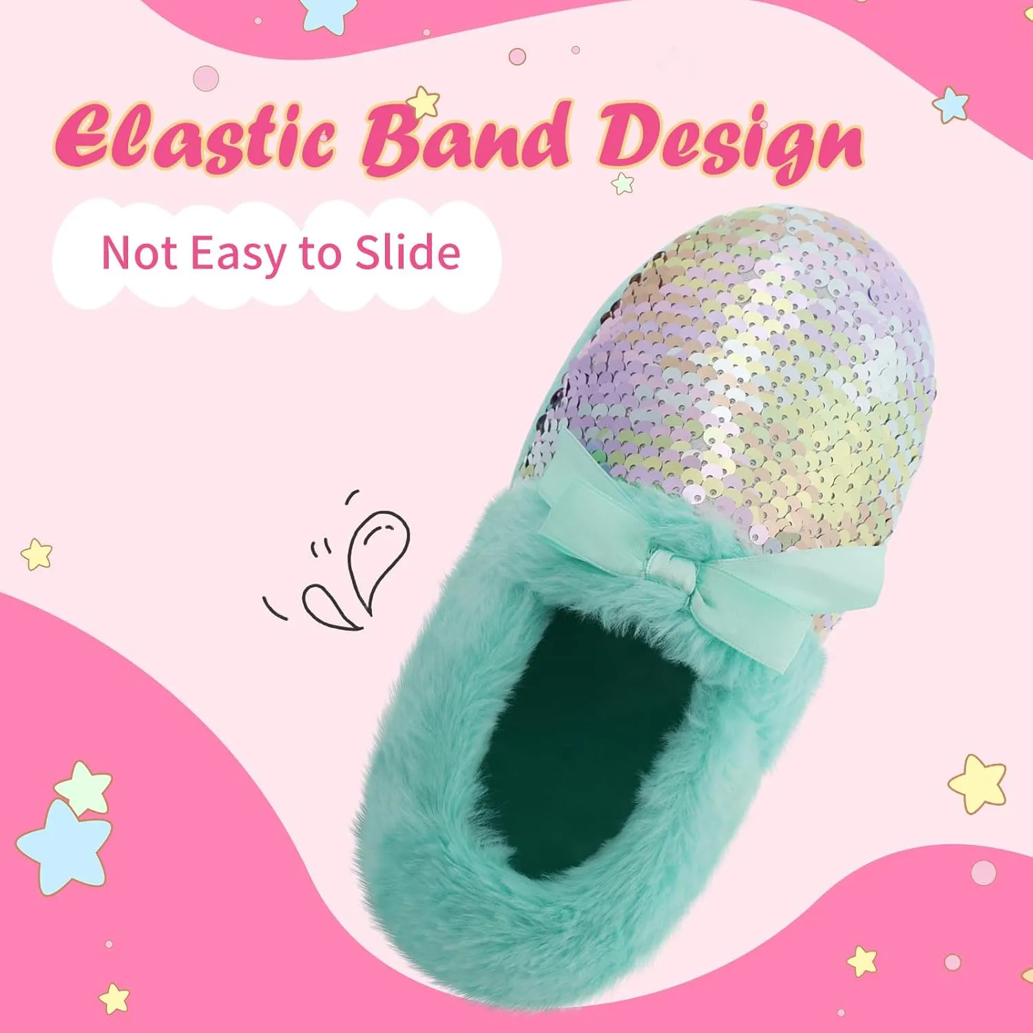 Girls Fluffy Sequin Slipper, Cozy Plush House Slippers with Ribbon Bow for Girls Bedroom Indoor Outdoor