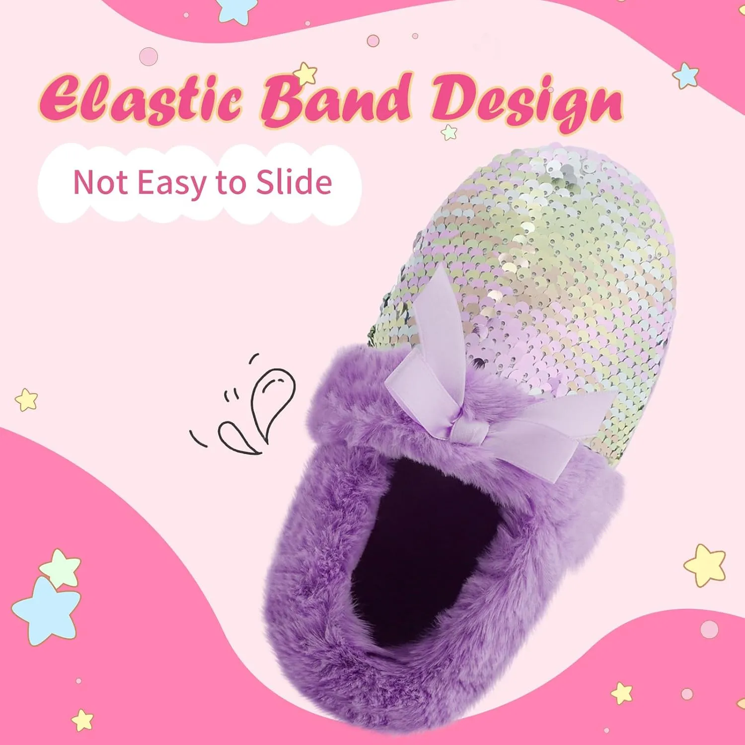 Girls Fluffy Sequin Slipper, Cozy Plush House Slippers with Ribbon Bow for Girls Bedroom Indoor Outdoor