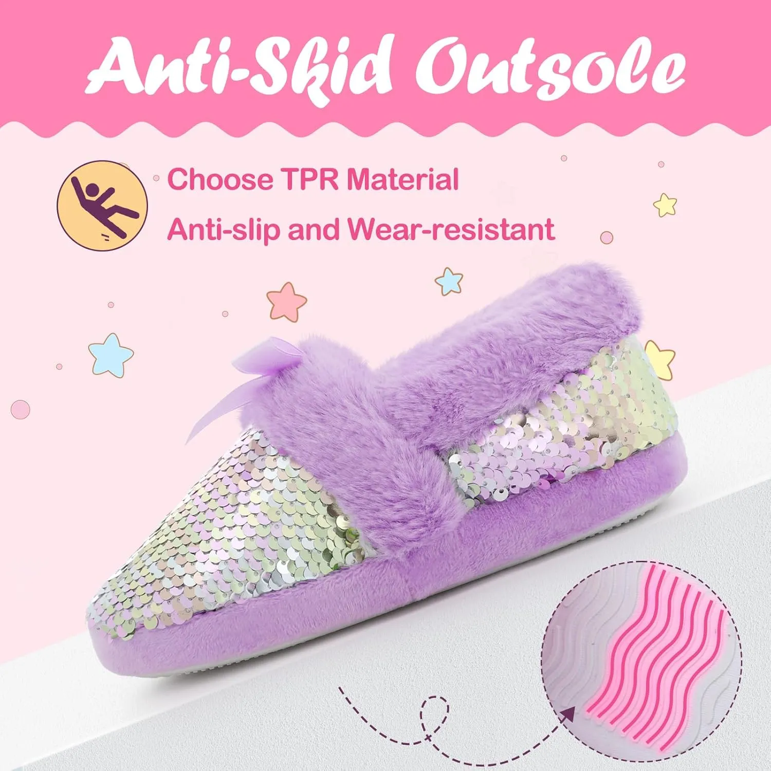 Girls Fluffy Sequin Slipper, Cozy Plush House Slippers with Ribbon Bow for Girls Bedroom Indoor Outdoor