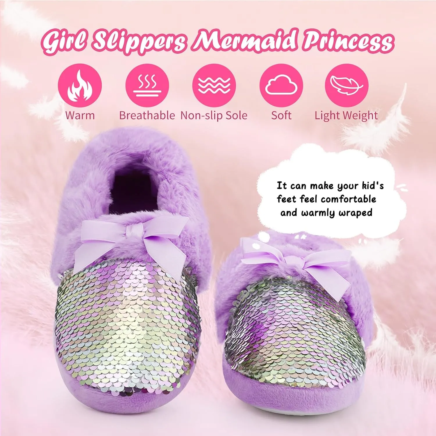 Girls Fluffy Sequin Slipper, Cozy Plush House Slippers with Ribbon Bow for Girls Bedroom Indoor Outdoor