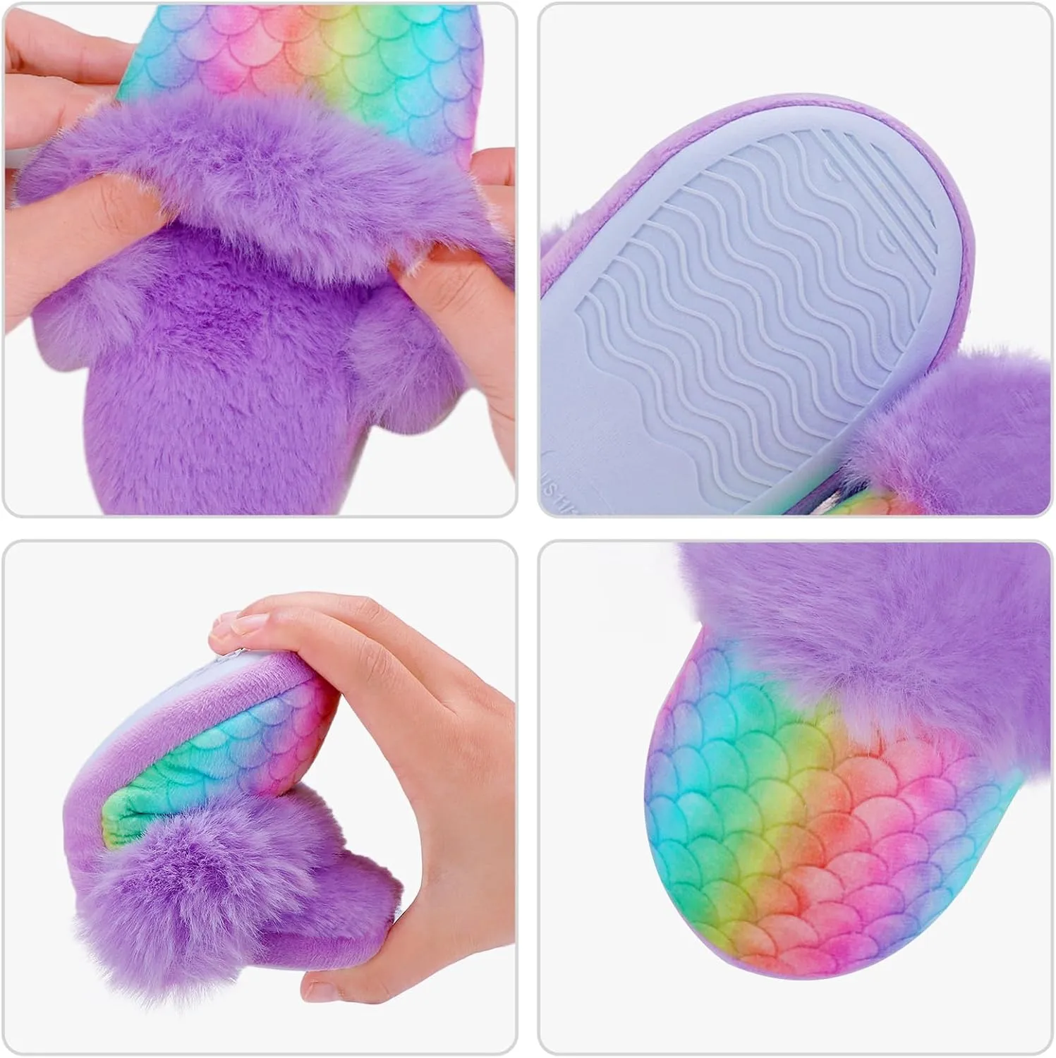 Girls Mermaid Fluffy House Slippers,Toddler Faux Fur Cozy Plush No-Slip Home Slippers with Memory Foam House Shoes for Kids Bedroom Indoor