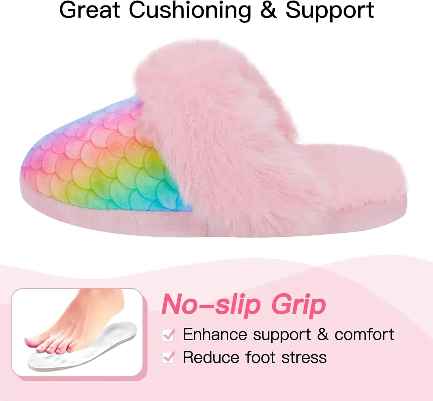 Girls Mermaid Fluffy House Slippers,Toddler Faux Fur Cozy Plush No-Slip Home Slippers with Memory Foam House Shoes for Kids Bedroom Indoor