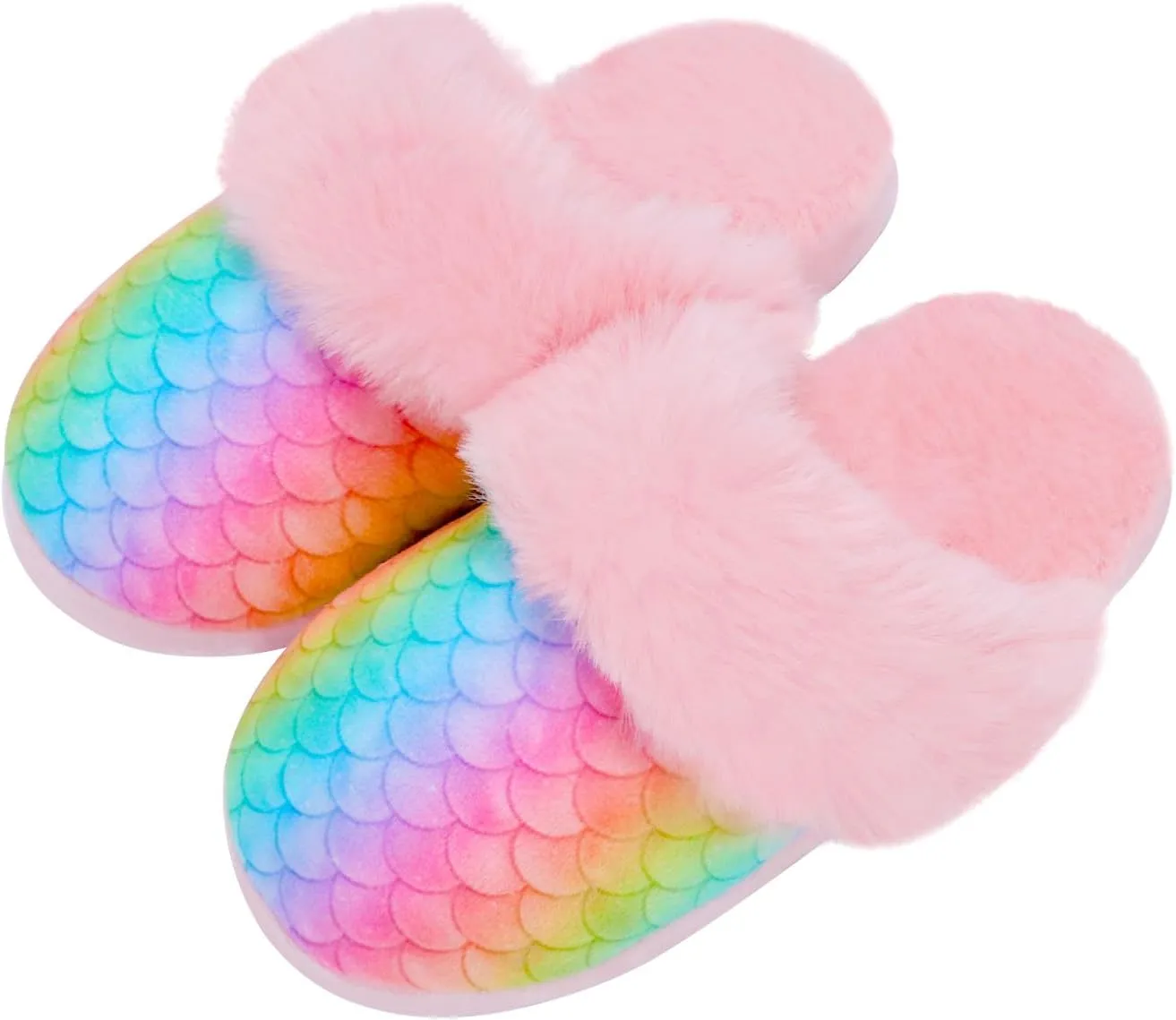 Girls Mermaid Fluffy House Slippers,Toddler Faux Fur Cozy Plush No-Slip Home Slippers with Memory Foam House Shoes for Kids Bedroom Indoor