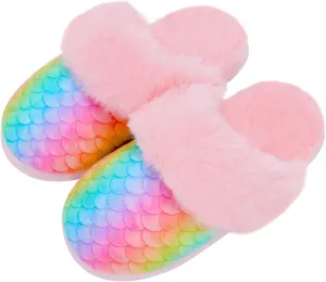 Girls Mermaid Fluffy House Slippers,Toddler Faux Fur Cozy Plush No-Slip Home Slippers with Memory Foam House Shoes for Kids Bedroom Indoor