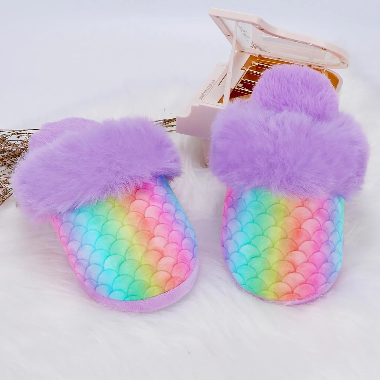 Girls Mermaid Fluffy House Slippers,Toddler Faux Fur Cozy Plush No-Slip Home Slippers with Memory Foam House Shoes for Kids Bedroom Indoor