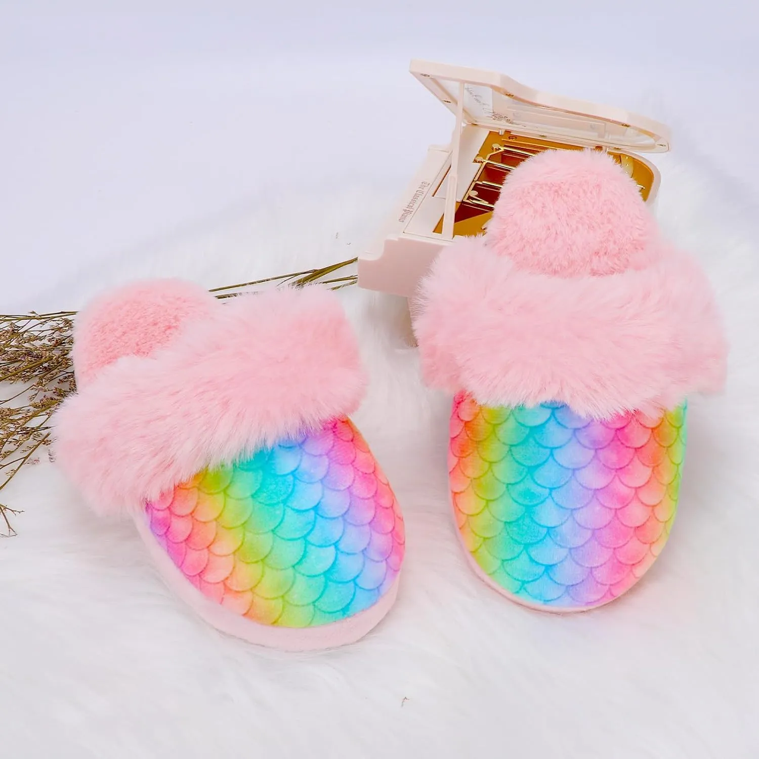 Girls Mermaid Fluffy House Slippers,Toddler Faux Fur Cozy Plush No-Slip Home Slippers with Memory Foam House Shoes for Kids Bedroom Indoor