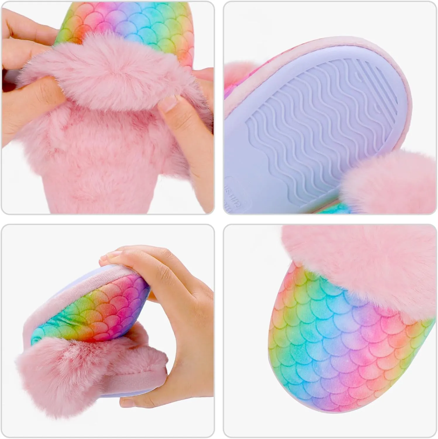 Girls Mermaid Fluffy House Slippers,Toddler Faux Fur Cozy Plush No-Slip Home Slippers with Memory Foam House Shoes for Kids Bedroom Indoor