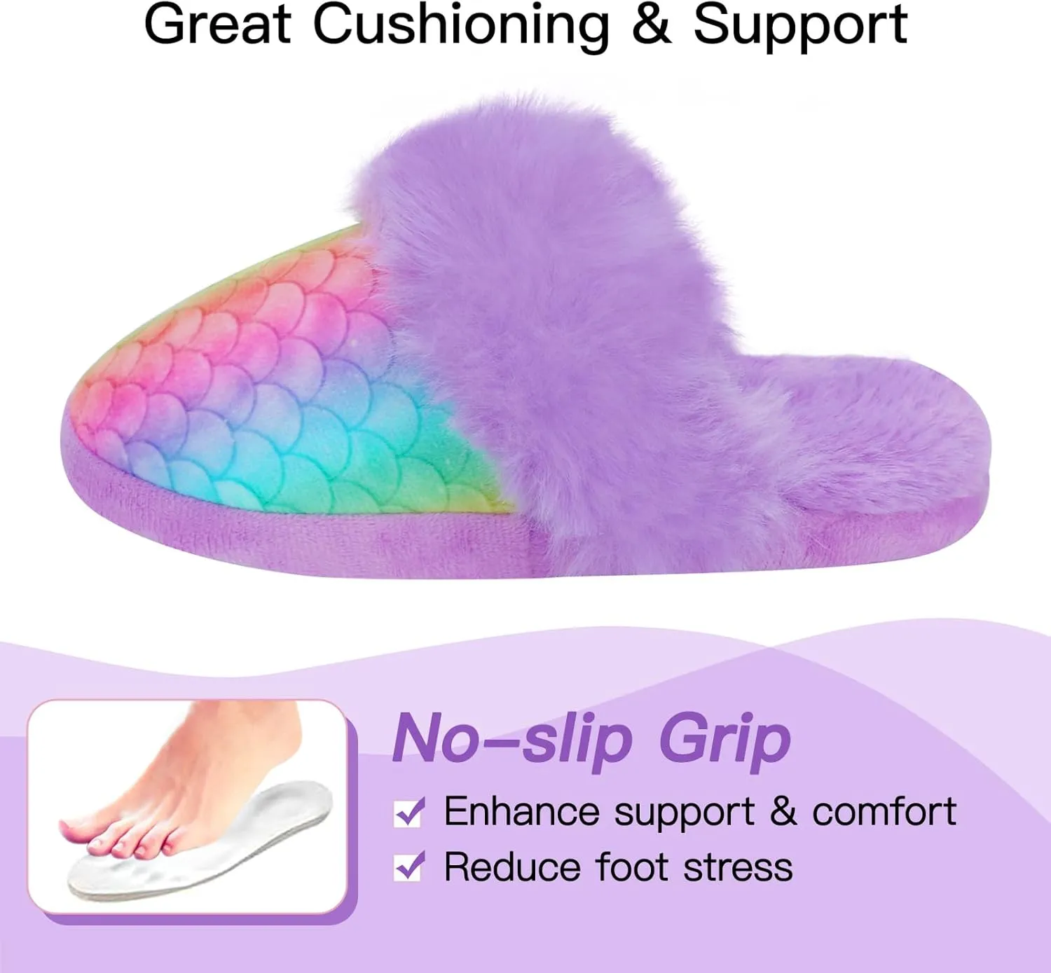 Girls Mermaid Fluffy House Slippers,Toddler Faux Fur Cozy Plush No-Slip Home Slippers with Memory Foam House Shoes for Kids Bedroom Indoor