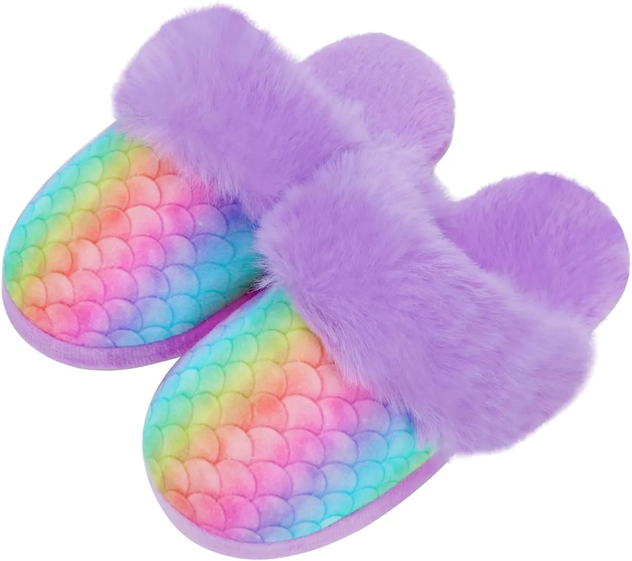 Girls Mermaid Fluffy House Slippers,Toddler Faux Fur Cozy Plush No-Slip Home Slippers with Memory Foam House Shoes for Kids Bedroom Indoor