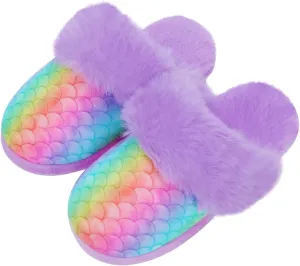 Girls Mermaid Fluffy House Slippers,Toddler Faux Fur Cozy Plush No-Slip Home Slippers with Memory Foam House Shoes for Kids Bedroom Indoor