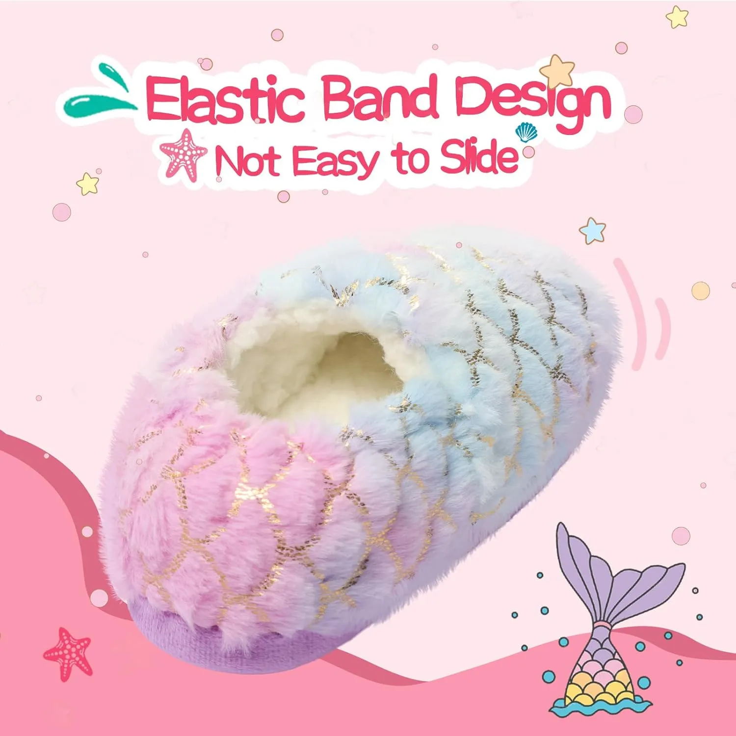 Girls Mermaid Princess Plush Slippers, Non-Slip Cozy House Slippers Memory Foam Fuzzy Shoes for Girls Bedroom Indoor Outdoor