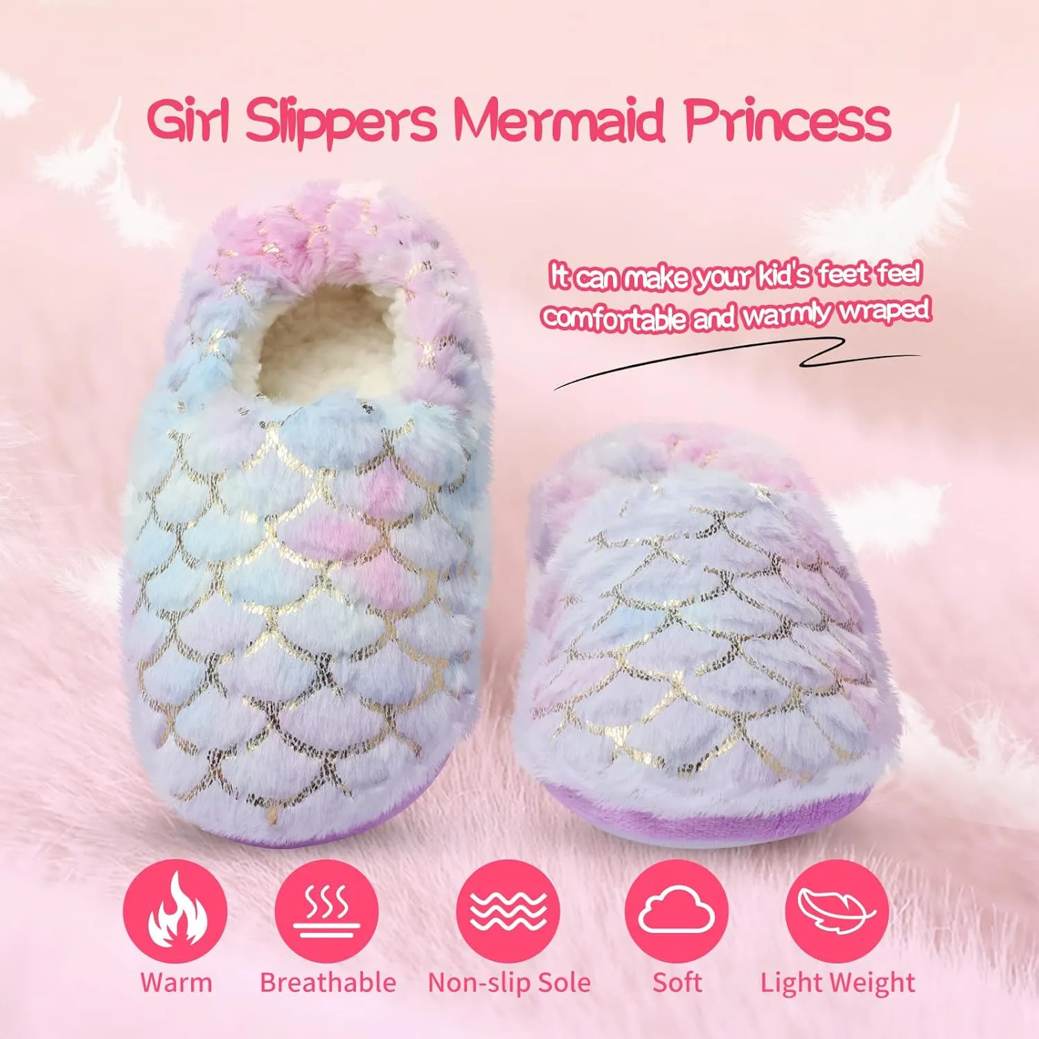 Girls Mermaid Princess Plush Slippers, Non-Slip Cozy House Slippers Memory Foam Fuzzy Shoes for Girls Bedroom Indoor Outdoor