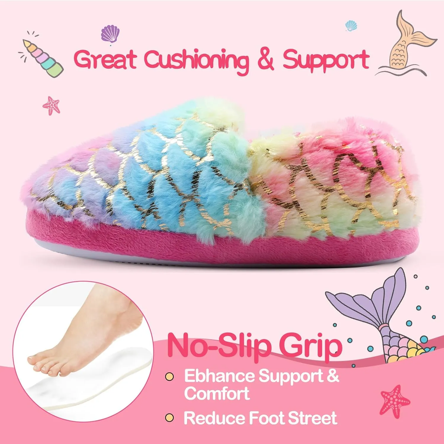 Girls Mermaid Princess Plush Slippers, Non-Slip Cozy House Slippers Memory Foam Fuzzy Shoes for Girls Bedroom Indoor Outdoor