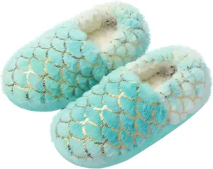 Girls Mermaid Princess Plush Slippers, Non-Slip Cozy House Slippers Memory Foam Fuzzy Shoes for Girls Bedroom Indoor Outdoor