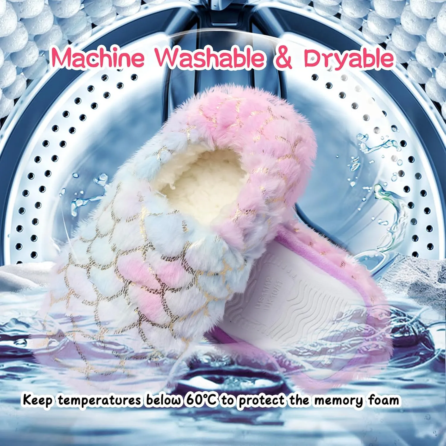 Girls Mermaid Princess Plush Slippers, Non-Slip Cozy House Slippers Memory Foam Fuzzy Shoes for Girls Bedroom Indoor Outdoor