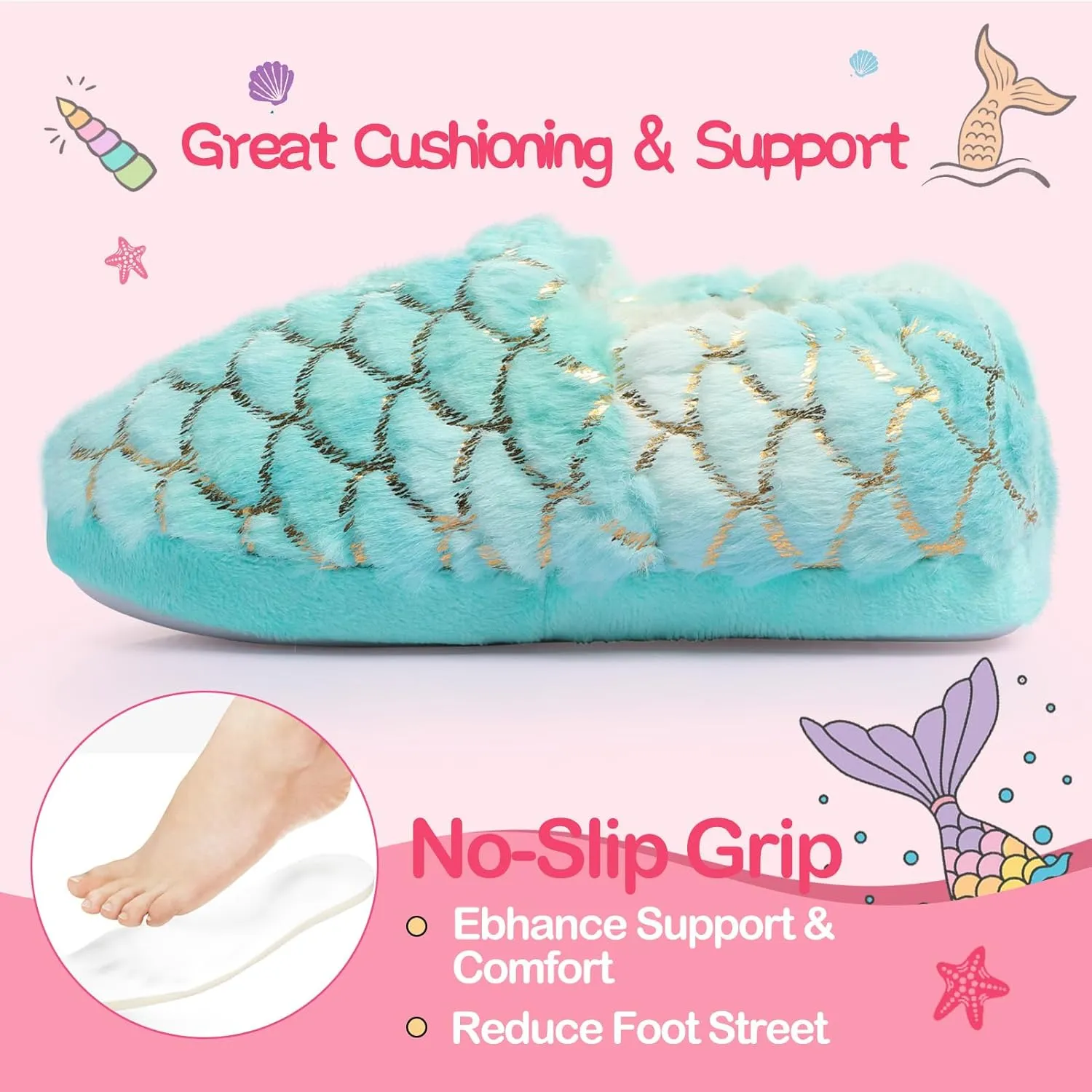 Girls Mermaid Princess Plush Slippers, Non-Slip Cozy House Slippers Memory Foam Fuzzy Shoes for Girls Bedroom Indoor Outdoor