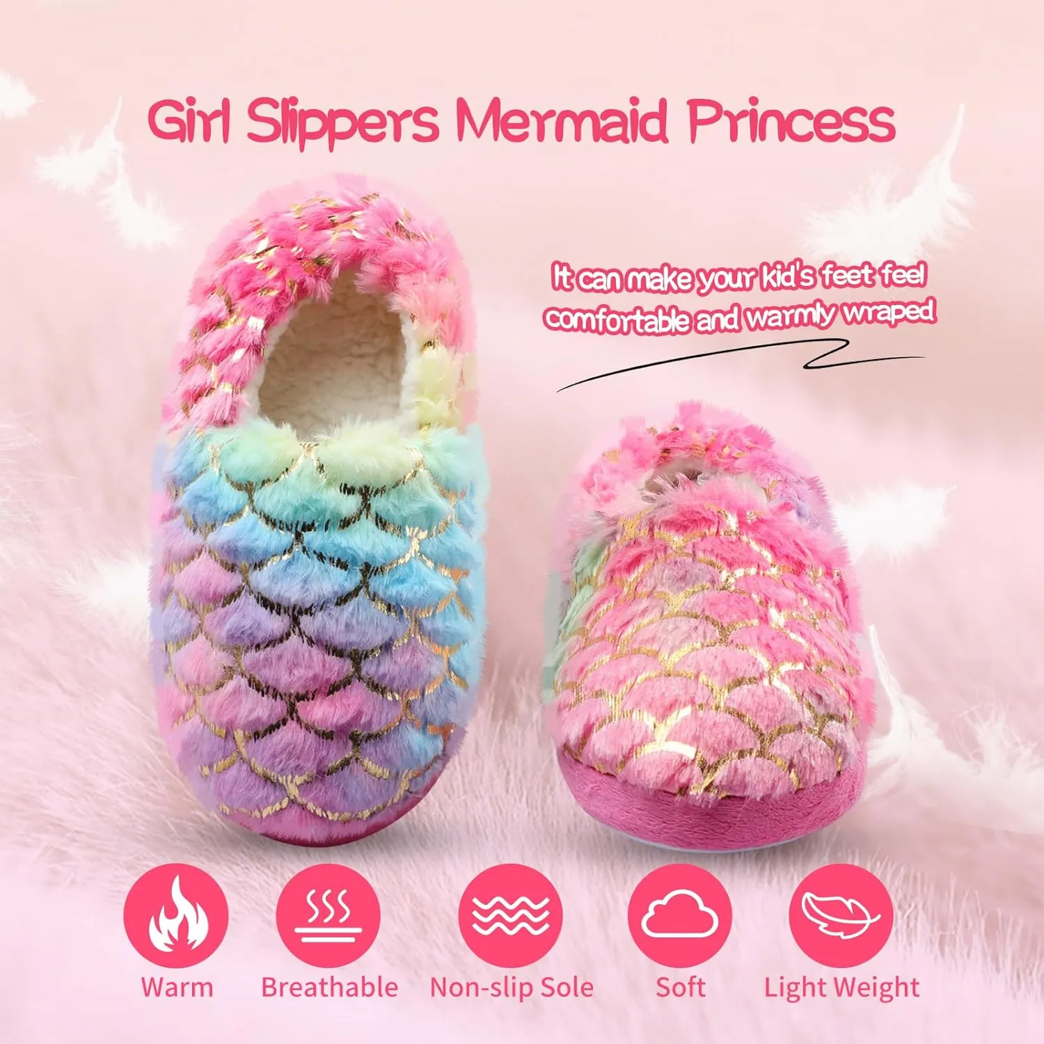 Girls Mermaid Princess Plush Slippers, Non-Slip Cozy House Slippers Memory Foam Fuzzy Shoes for Girls Bedroom Indoor Outdoor