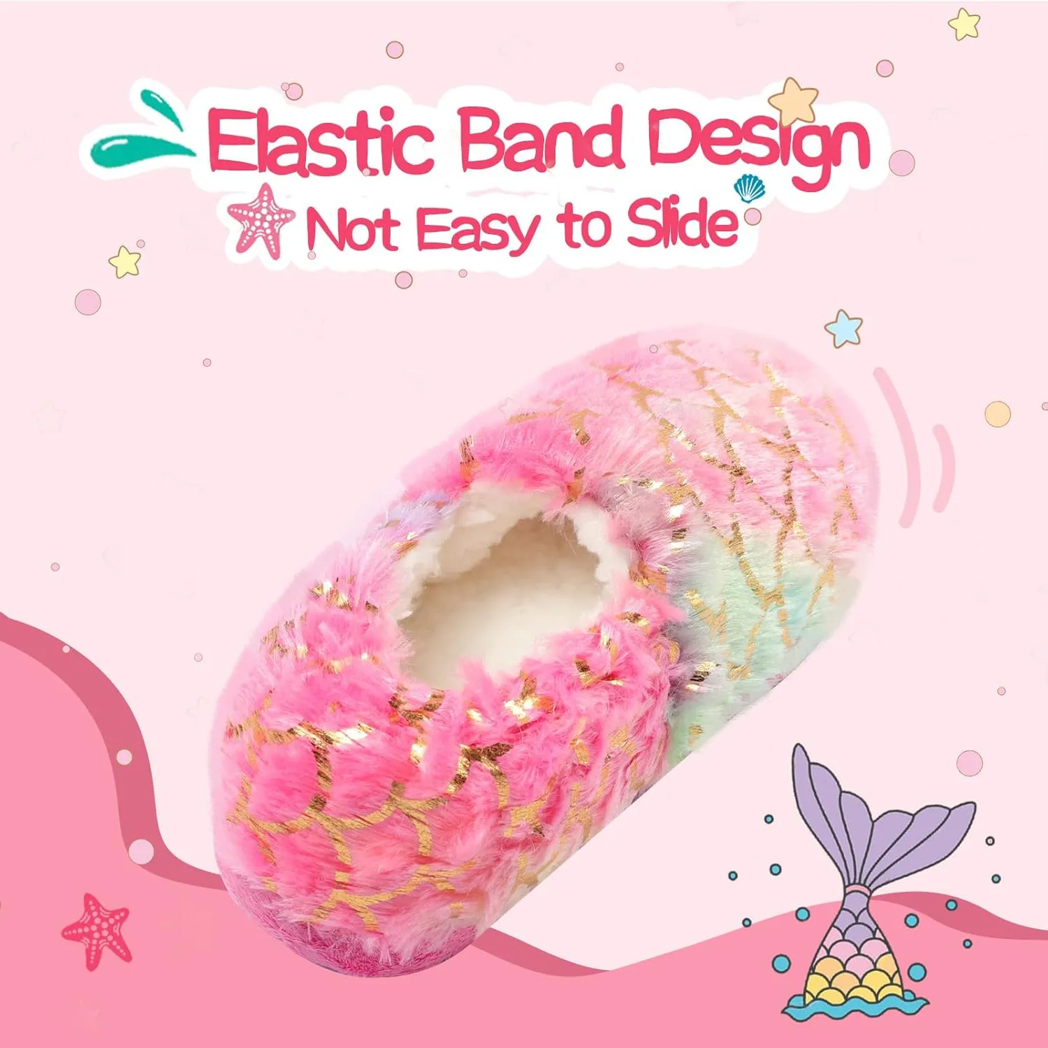 Girls Mermaid Princess Plush Slippers, Non-Slip Cozy House Slippers Memory Foam Fuzzy Shoes for Girls Bedroom Indoor Outdoor
