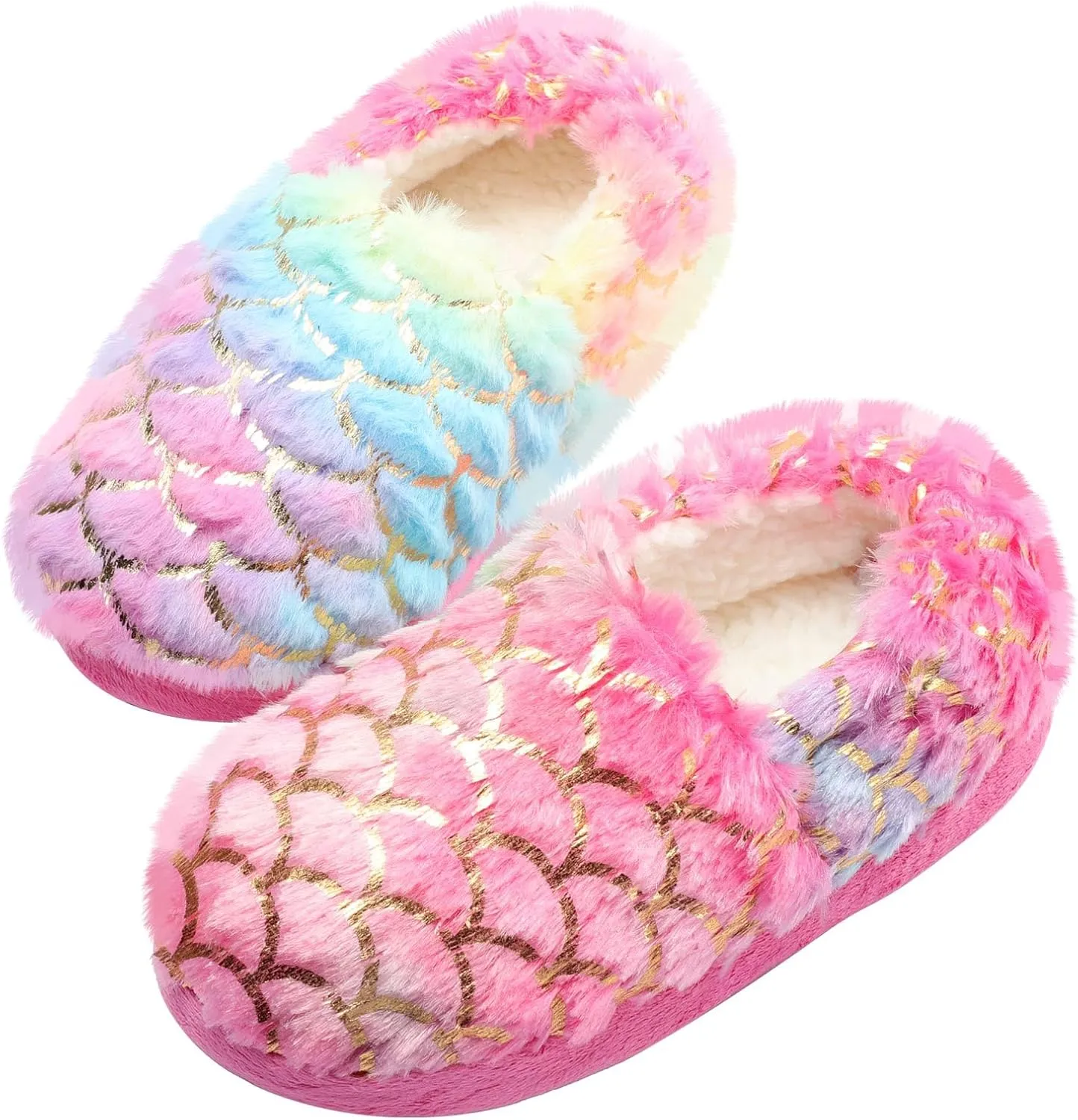 Girls Mermaid Princess Plush Slippers, Non-Slip Cozy House Slippers Memory Foam Fuzzy Shoes for Girls Bedroom Indoor Outdoor