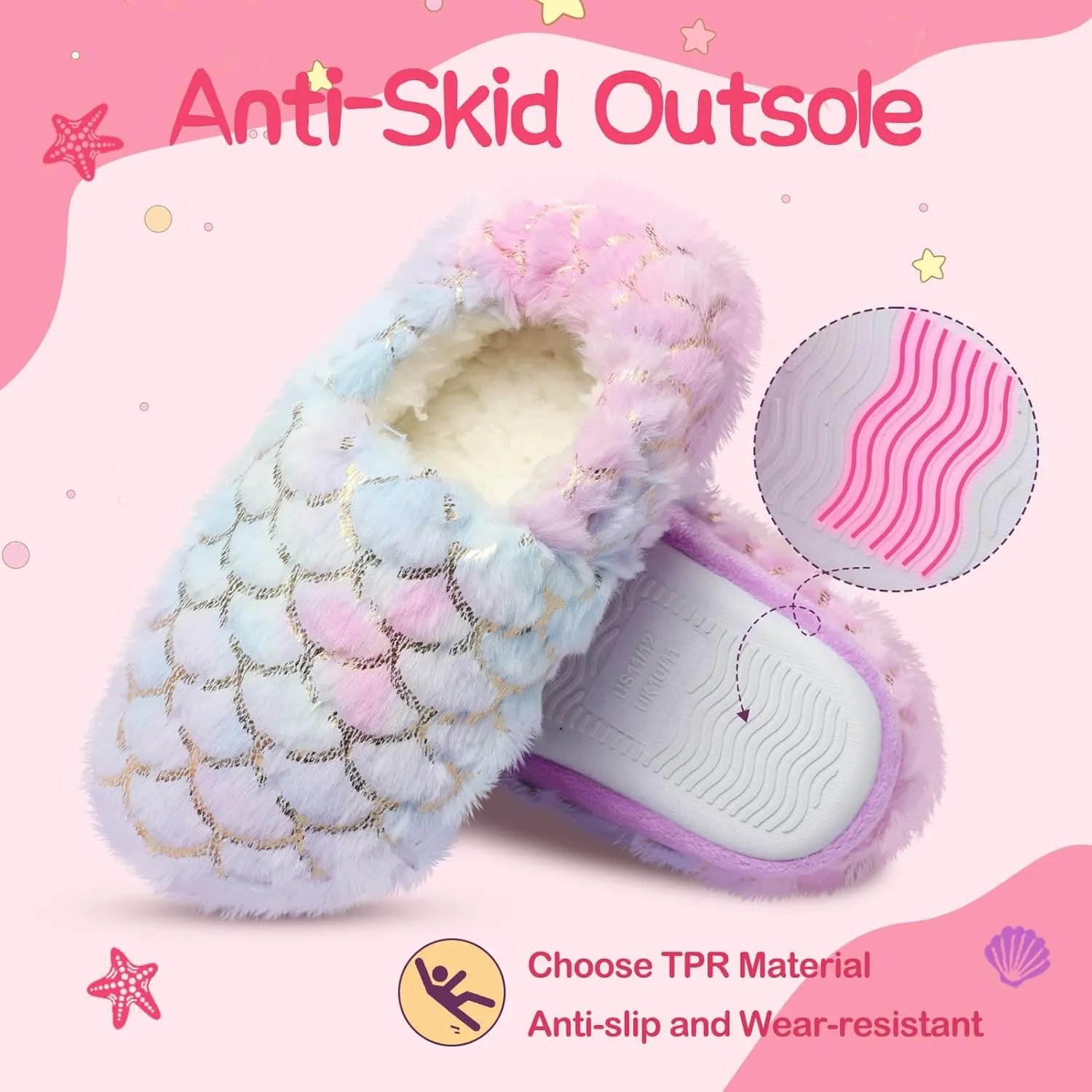 Girls Mermaid Princess Plush Slippers, Non-Slip Cozy House Slippers Memory Foam Fuzzy Shoes for Girls Bedroom Indoor Outdoor