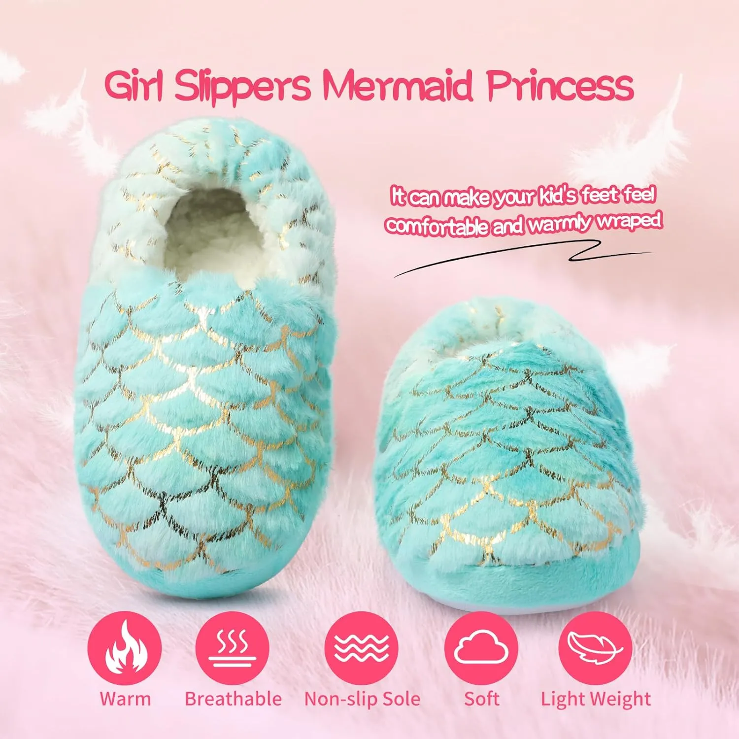 Girls Mermaid Princess Plush Slippers, Non-Slip Cozy House Slippers Memory Foam Fuzzy Shoes for Girls Bedroom Indoor Outdoor
