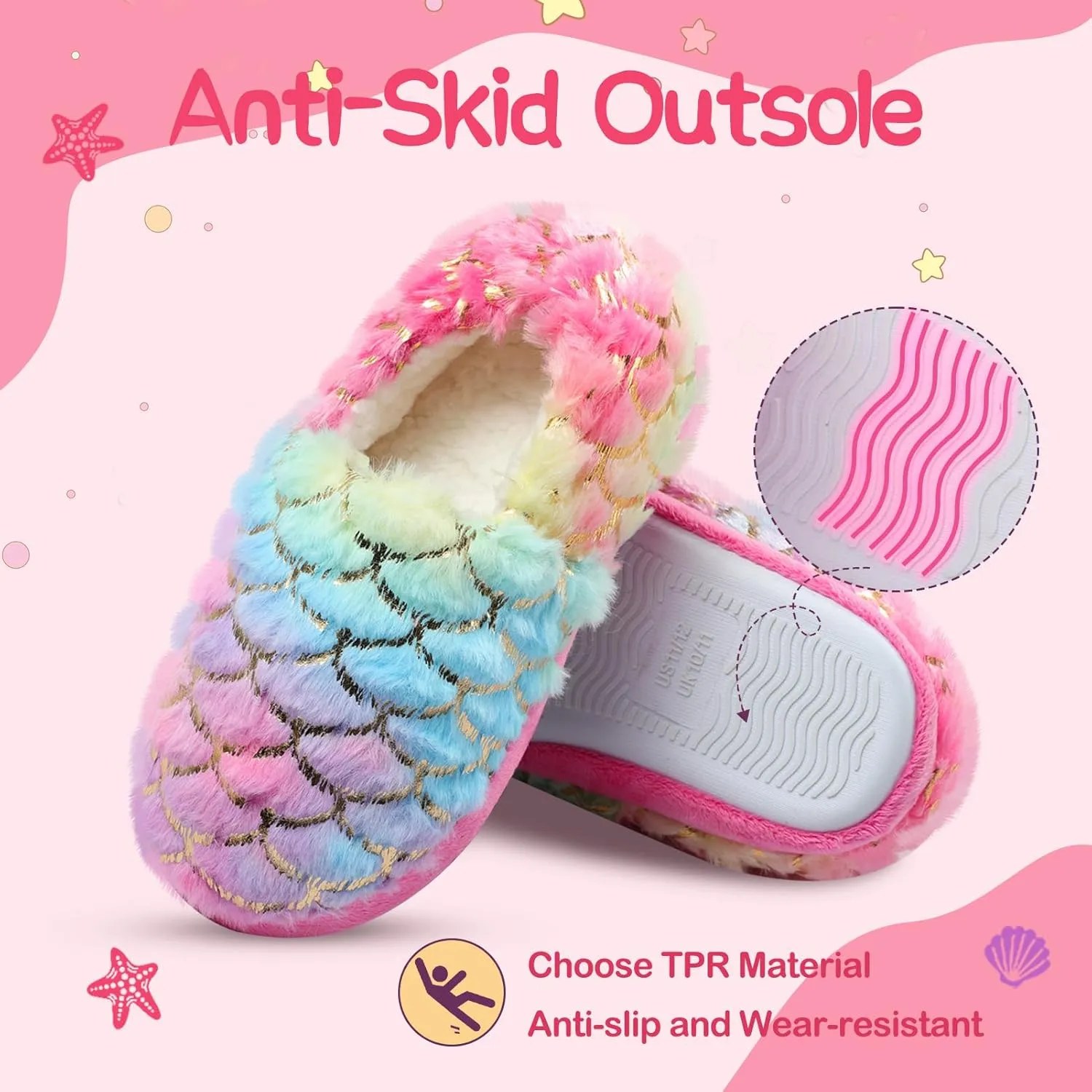 Girls Mermaid Princess Plush Slippers, Non-Slip Cozy House Slippers Memory Foam Fuzzy Shoes for Girls Bedroom Indoor Outdoor