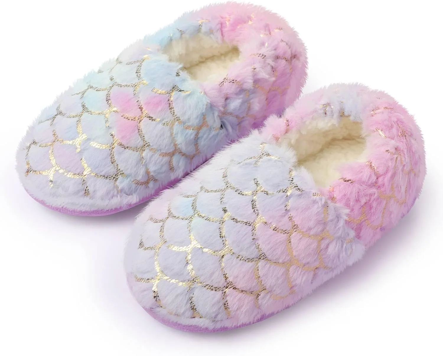 Girls Mermaid Princess Plush Slippers, Non-Slip Cozy House Slippers Memory Foam Fuzzy Shoes for Girls Bedroom Indoor Outdoor