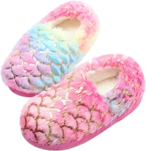 Girls Mermaid Princess Plush Slippers, Non-Slip Cozy House Slippers Memory Foam Fuzzy Shoes for Girls Bedroom Indoor Outdoor