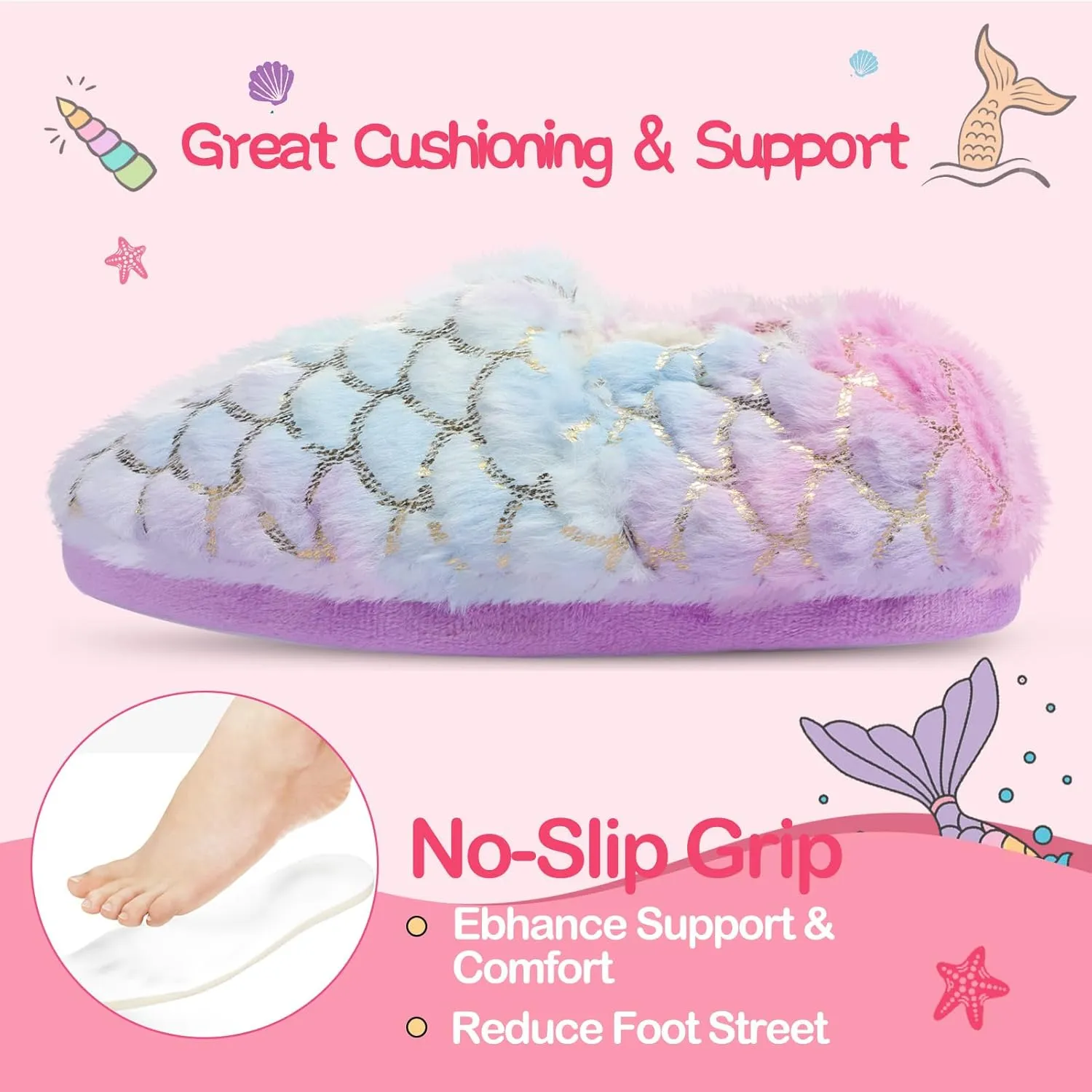 Girls Mermaid Princess Plush Slippers, Non-Slip Cozy House Slippers Memory Foam Fuzzy Shoes for Girls Bedroom Indoor Outdoor