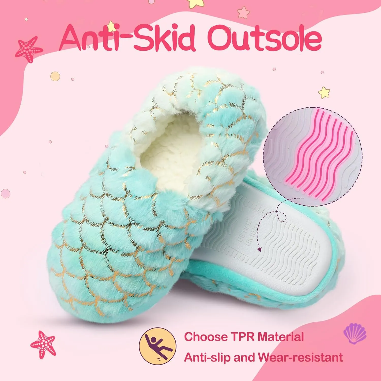 Girls Mermaid Princess Plush Slippers, Non-Slip Cozy House Slippers Memory Foam Fuzzy Shoes for Girls Bedroom Indoor Outdoor