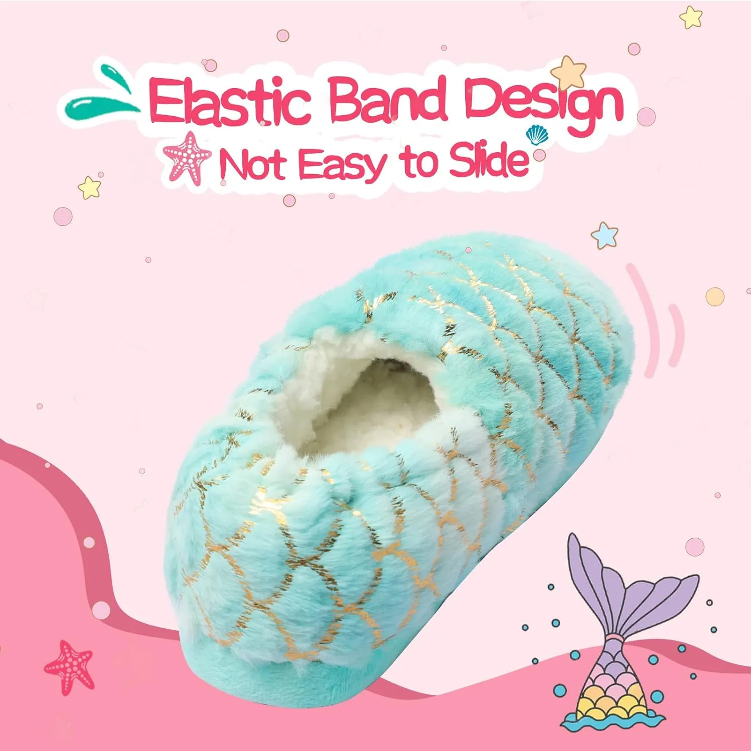 Girls Mermaid Princess Plush Slippers, Non-Slip Cozy House Slippers Memory Foam Fuzzy Shoes for Girls Bedroom Indoor Outdoor