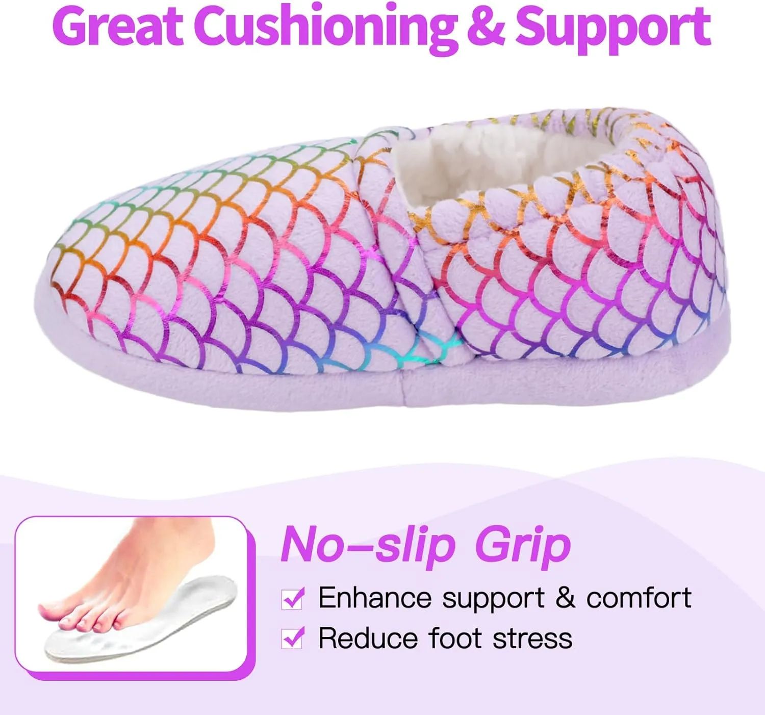 Girls Slippers Mermaid Princess No-Slip Comfy House Slippers Memory Foam House Shoes for Girls Bedroom Indoor Outdoor
