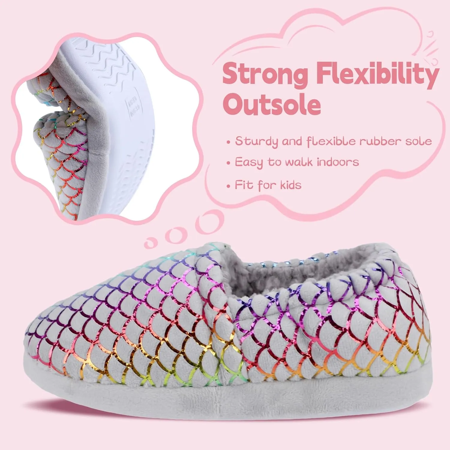 Girls Slippers Mermaid Princess No-Slip Comfy House Slippers Memory Foam House Shoes for Girls Bedroom Indoor Outdoor