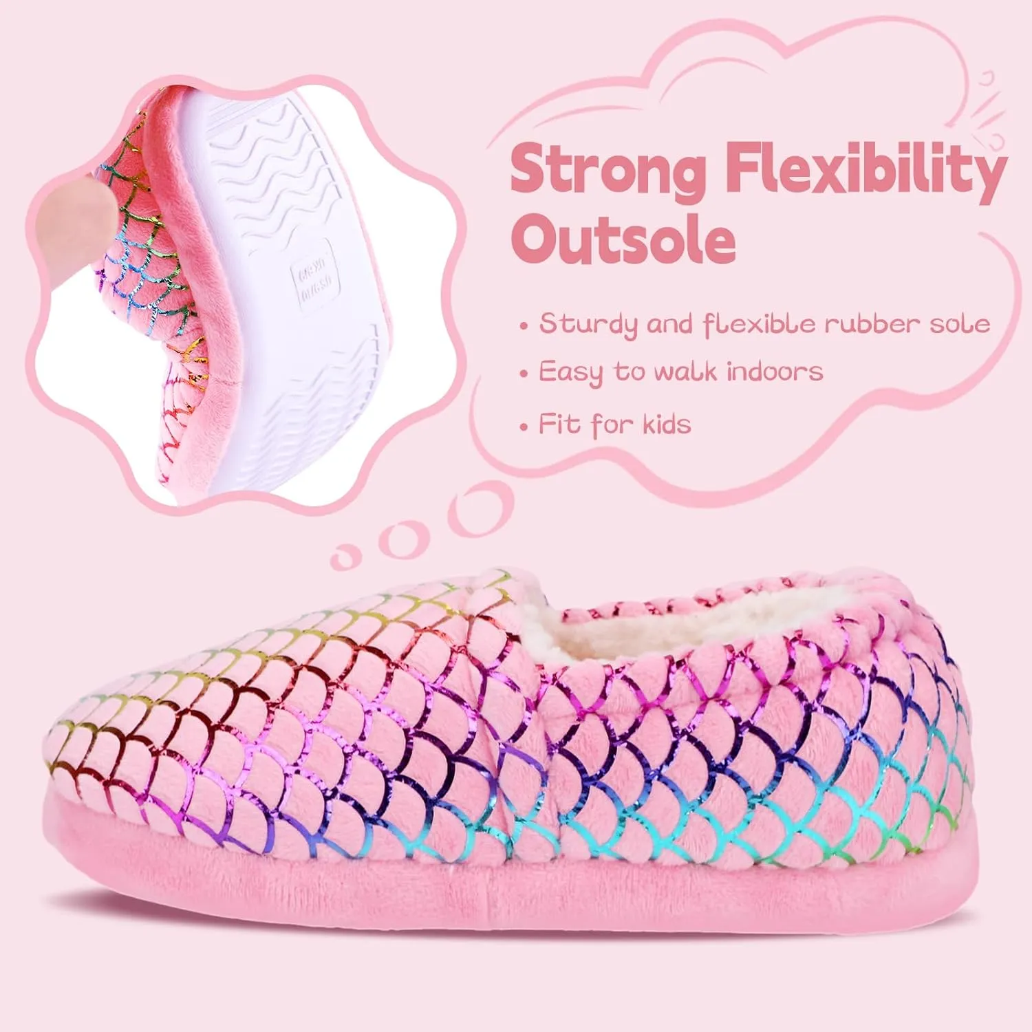 Girls Slippers Mermaid Princess No-Slip Comfy House Slippers Memory Foam House Shoes for Girls Bedroom Indoor Outdoor