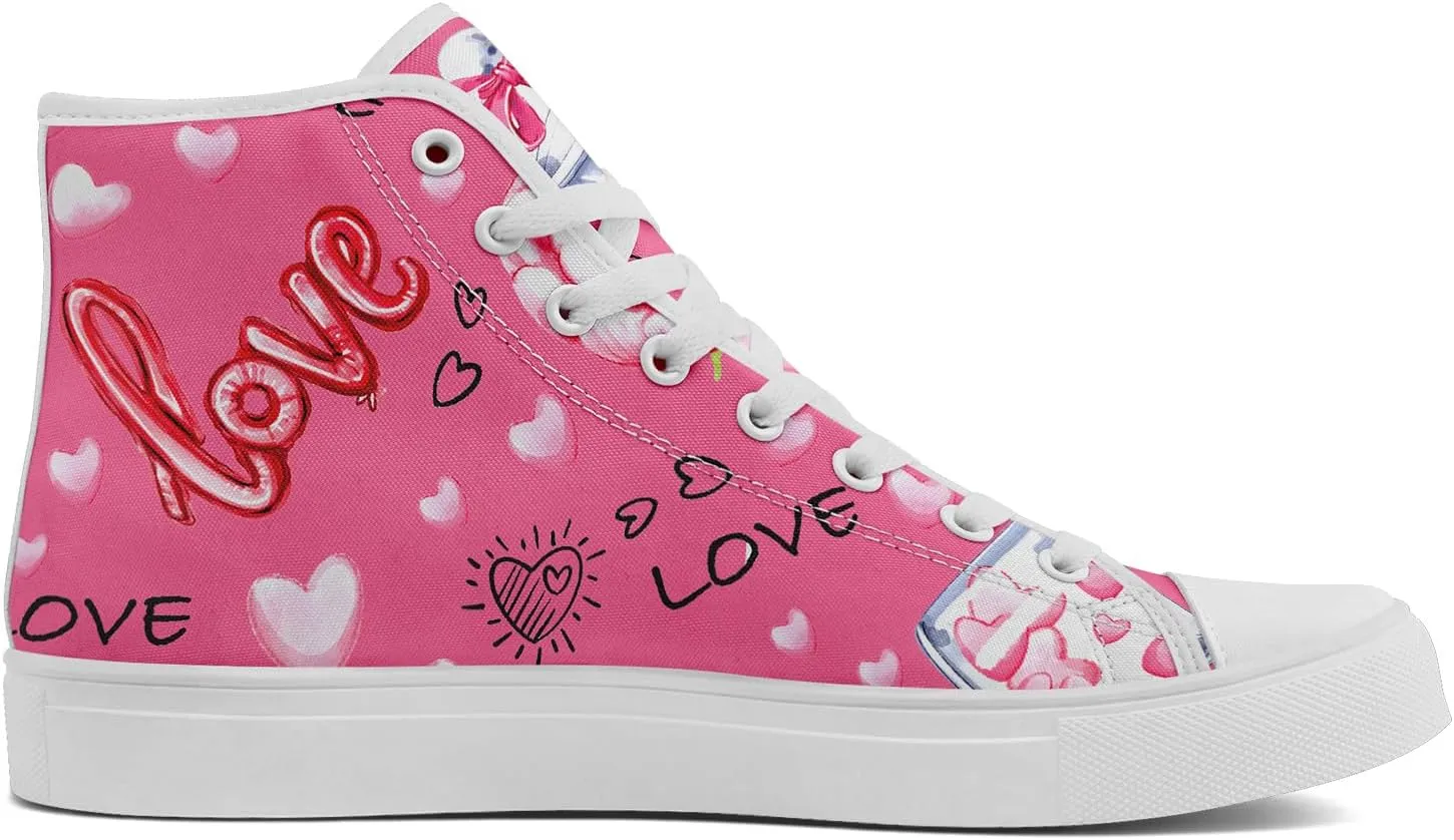 High-Top Canvas Sneakers for Girls & Boys ??Stylish Heart Print Lace-Up Shoes, Comfortable Casual Fashion Footwear