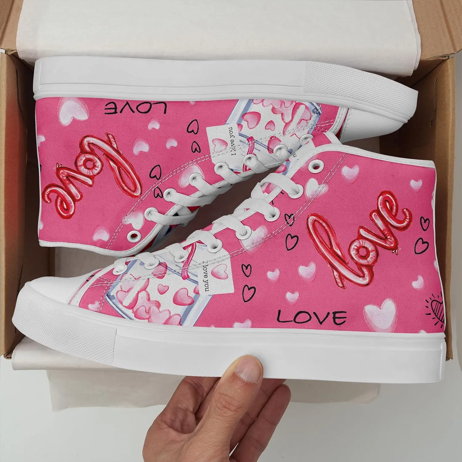 High-Top Canvas Sneakers for Girls & Boys ??Stylish Heart Print Lace-Up Shoes, Comfortable Casual Fashion Footwear