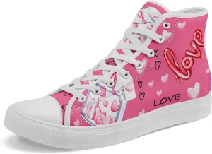 High-Top Canvas Sneakers for Girls & Boys ??Stylish Heart Print Lace-Up Shoes, Comfortable Casual Fashion Footwear