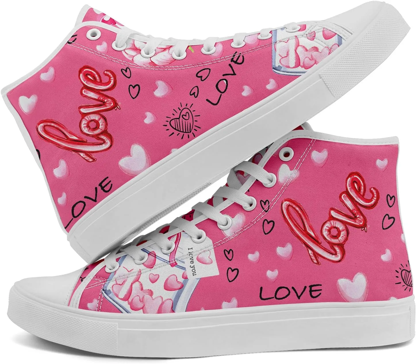 High-Top Canvas Sneakers for Girls & Boys ??Stylish Heart Print Lace-Up Shoes, Comfortable Casual Fashion Footwear
