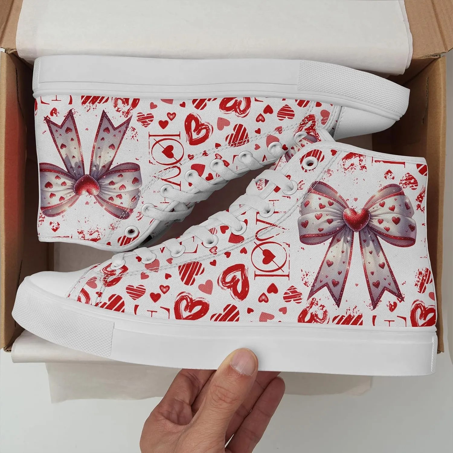 High-Top Canvas Sneakers for Girls & Boys ??Stylish Heart Print Lace-Up Shoes, Comfortable Casual Fashion Footwear