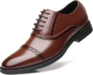 HOOENG Oxford Shoes for Men Lace Up Cap Toe Round Burnished Toe Vegan Leather Slip Resistant Anti-Slip Non Slip Block Heel Rubber Sole Classic (Color : Brown, Size : 10.5)