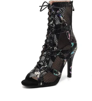 HROYL Open Toe Dance Boots Women Latin Salsa Ballroom Lace-up Ankle Dance Shoes,Model DS-K100