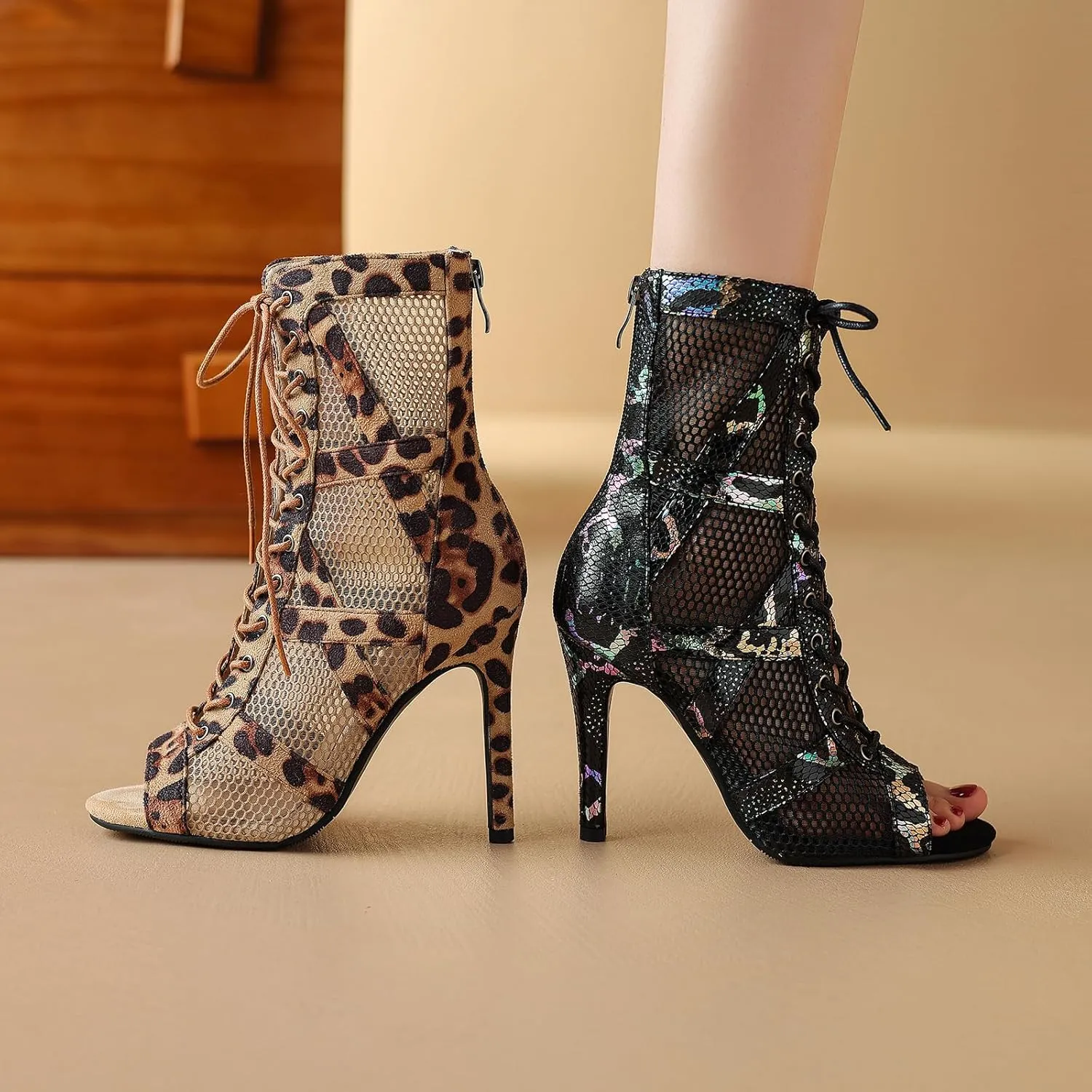 HROYL Open Toe Dance Boots Women Latin Salsa Ballroom Lace-up Ankle Dance Shoes,Model DS-K100