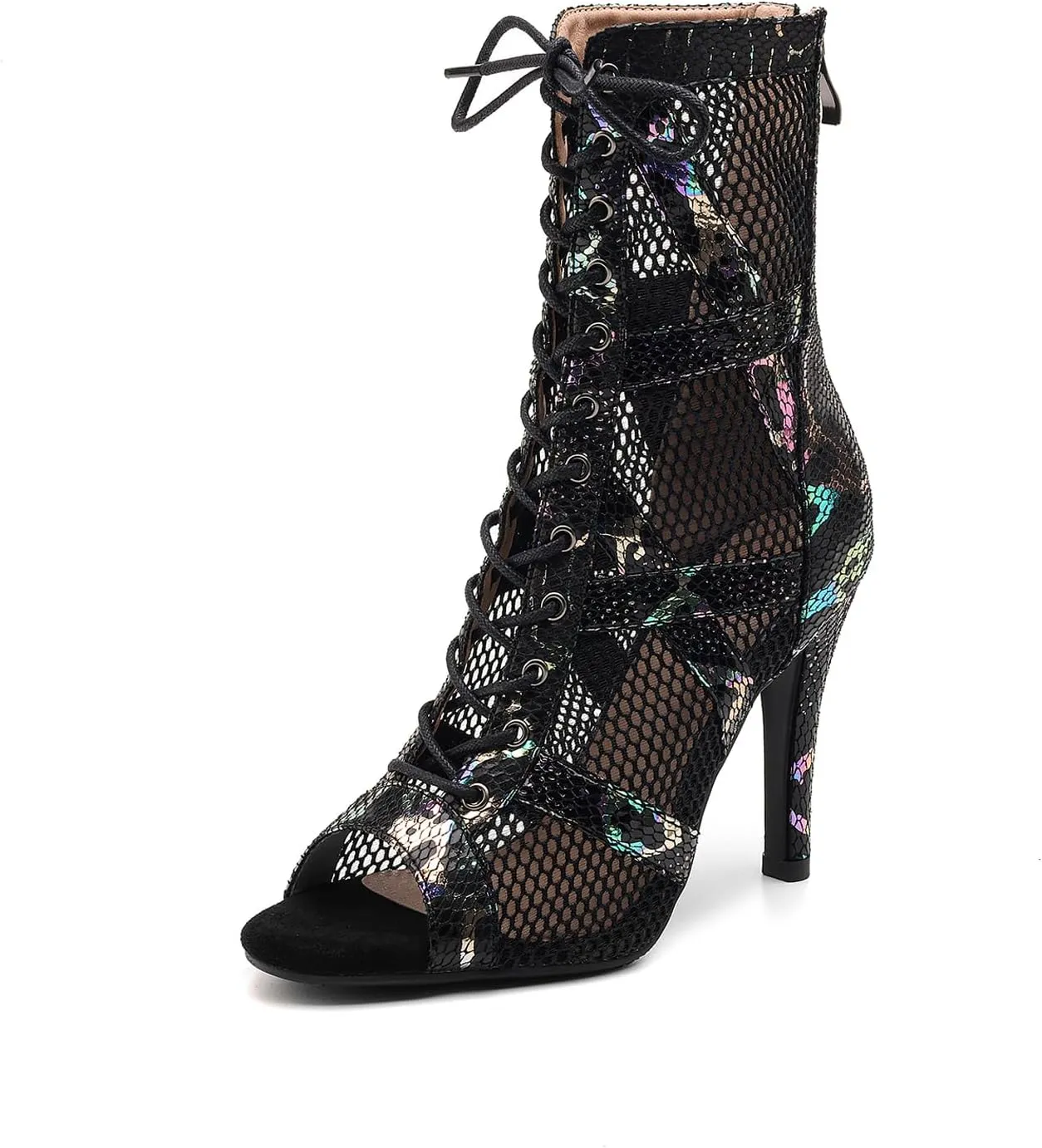 HROYL Open Toe Dance Boots Women Latin Salsa Ballroom Lace-up Ankle Dance Shoes,Model DS-K100