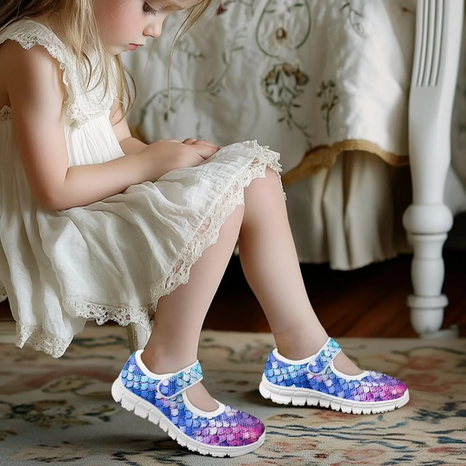 JoyLamoria Purple Mermaid Scales Print Toddler Little Flat Dress Shoes,Mary Jane Shoes Princess Birthday School Shoes for Girls Size 11-2.5