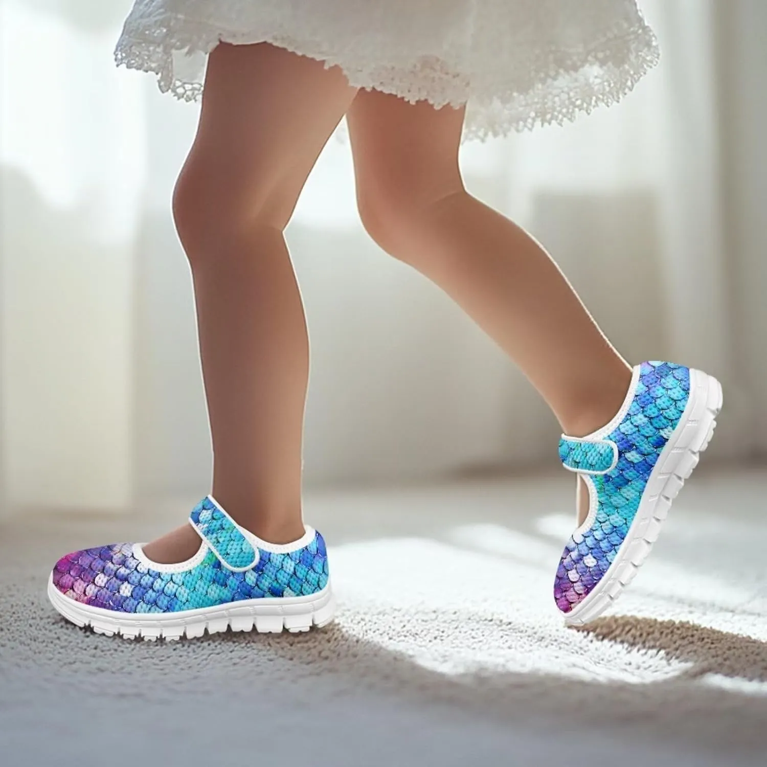 JoyLamoria Purple Mermaid Scales Print Toddler Little Flat Dress Shoes,Mary Jane Shoes Princess Birthday School Shoes for Girls Size 11-2.5