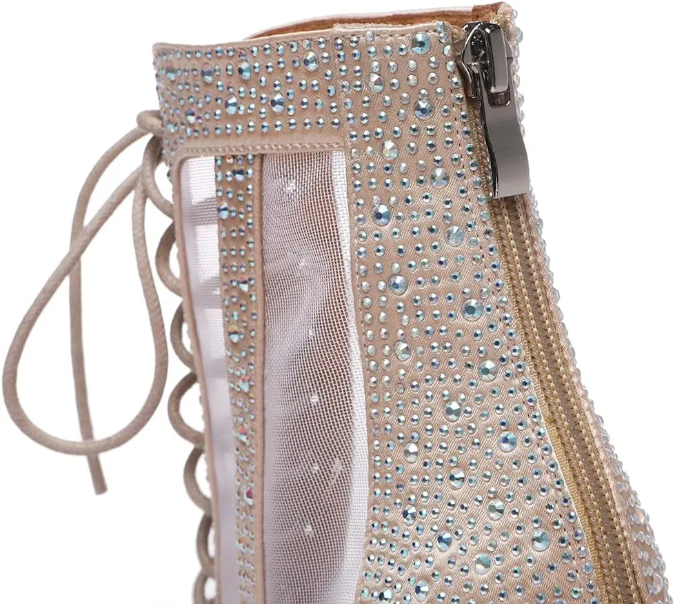 JUODVMP Dance Boots for Women Satin with Rhinestones Ankle Booties Ballroom Heels